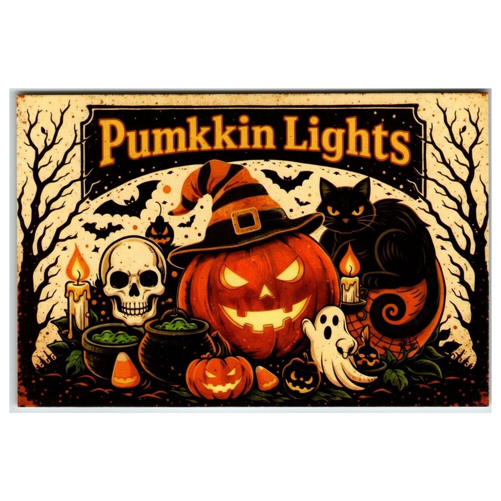 Retro Halloween Postcard Jack-O-Lantern Black Cat Witch Skull Ghost Art